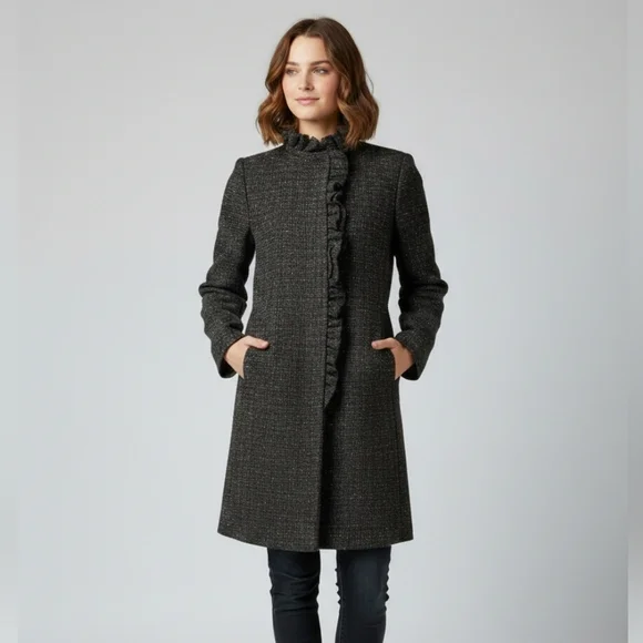 DKNY Women’s Sz 12 Ruffled Black & White Tweed Wool Blend Lined Coat DKNY Coat - Picture 1 of 13